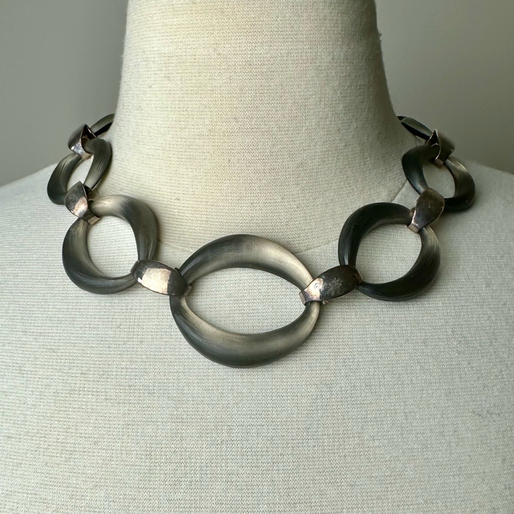 Alexis Bittar Smoky Grey Lucite Links with Silver Necklace